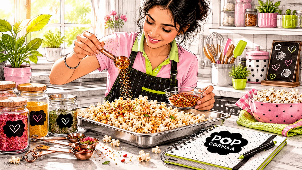 Scientist seasoning popcorn with sweet spicy mix