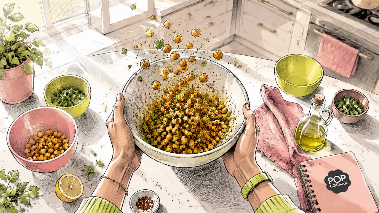 Hands mixing bowl of roasted chickpeas