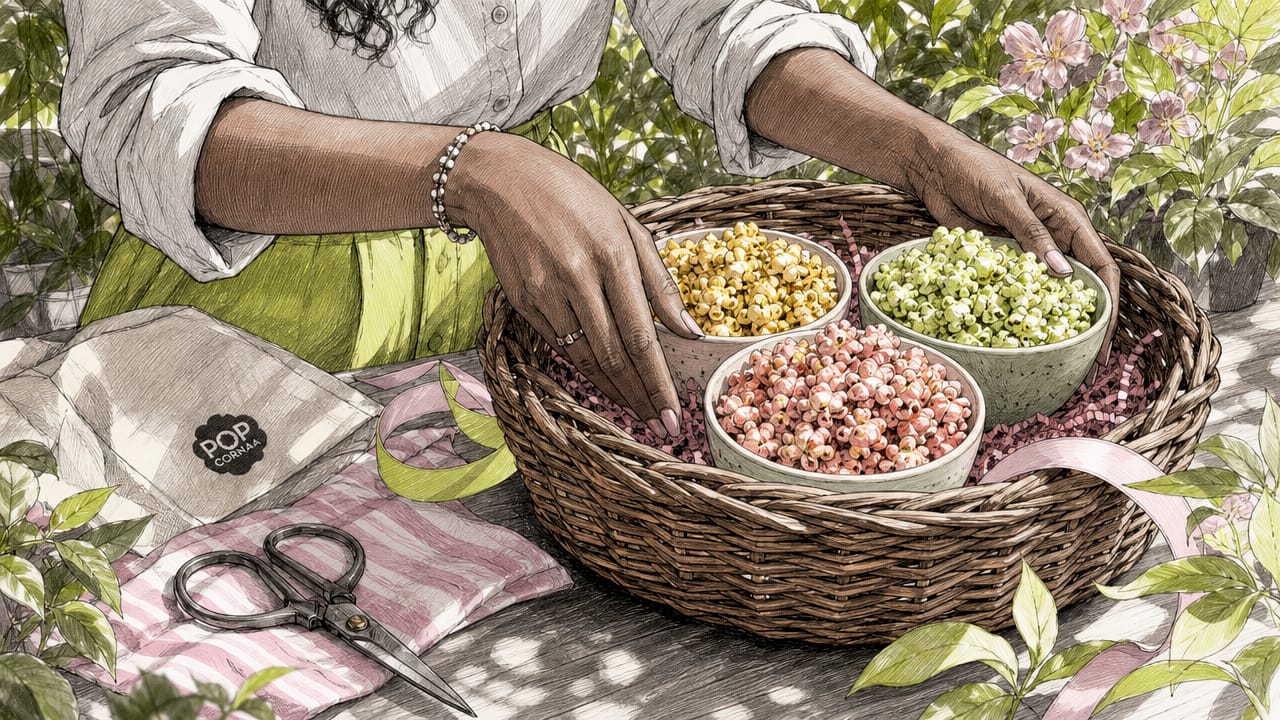 Hands assembling popcorn jars in gift basket