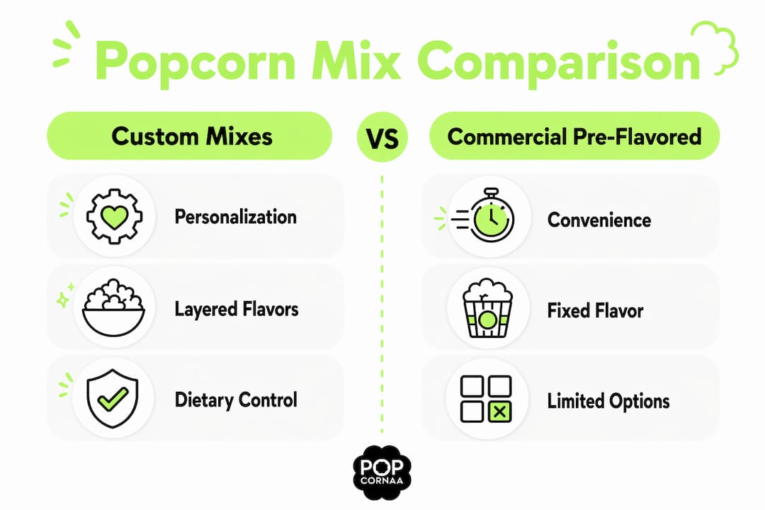 Infographic comparing custom and commercial popcorn mixes