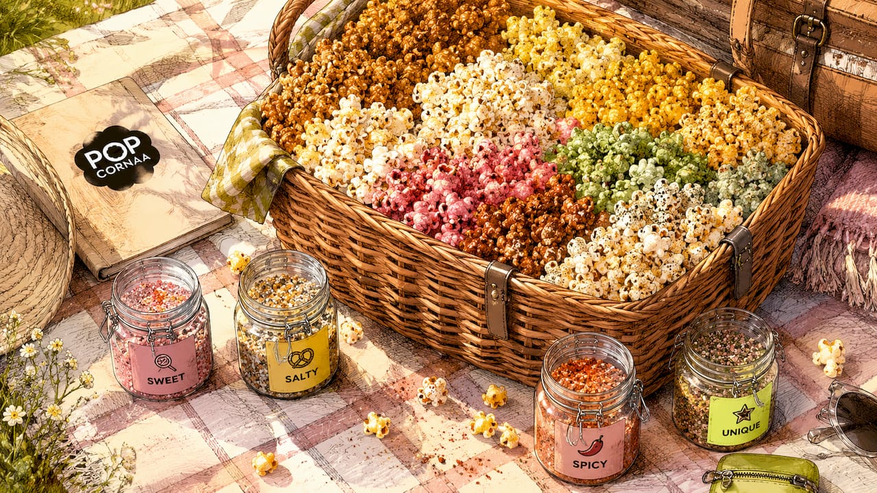 Playful popcorn bowl with seasoning jars
