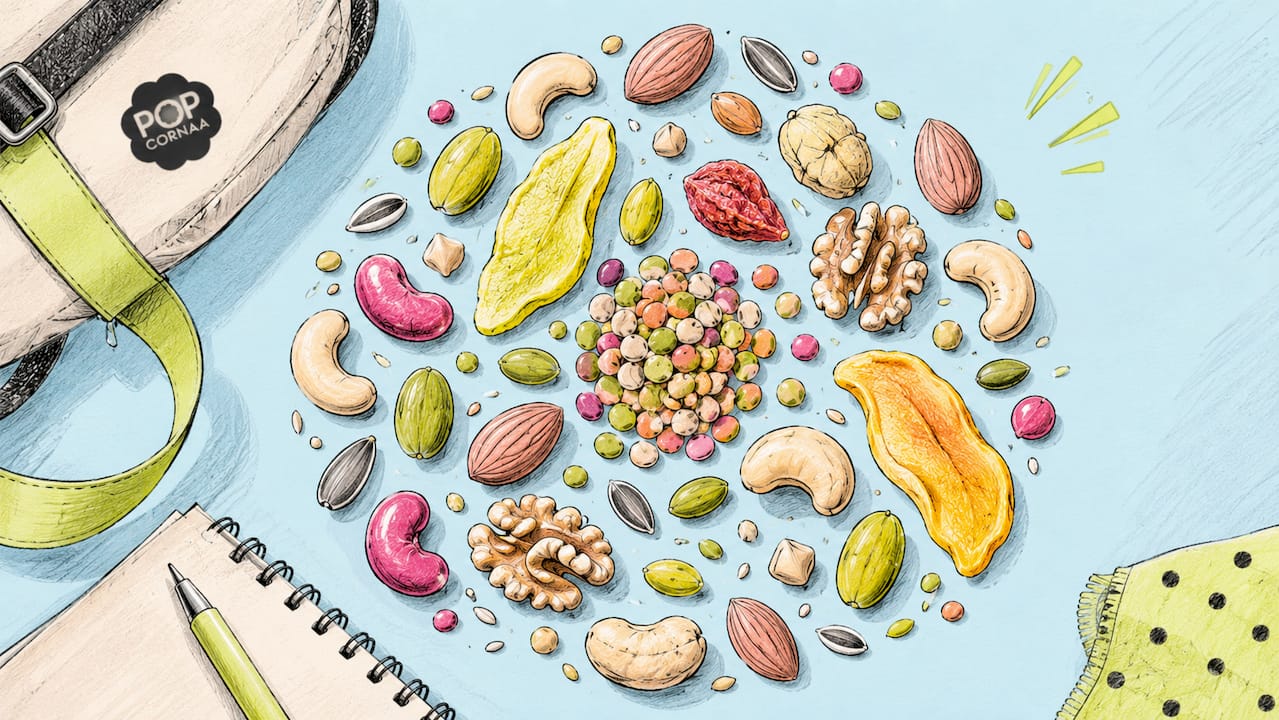 Playful graphic of assorted vegan snacks