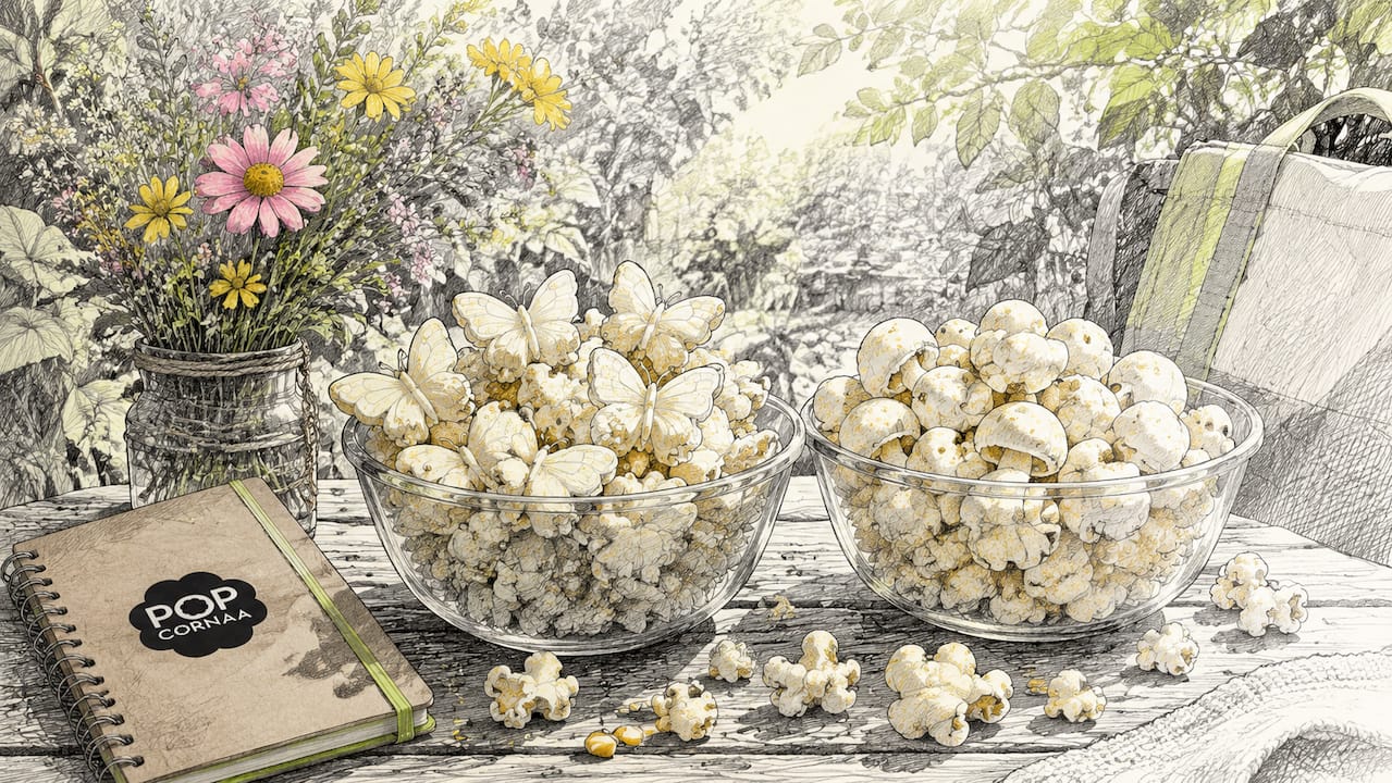 Two bowls showing butterfly and mushroom popcorn