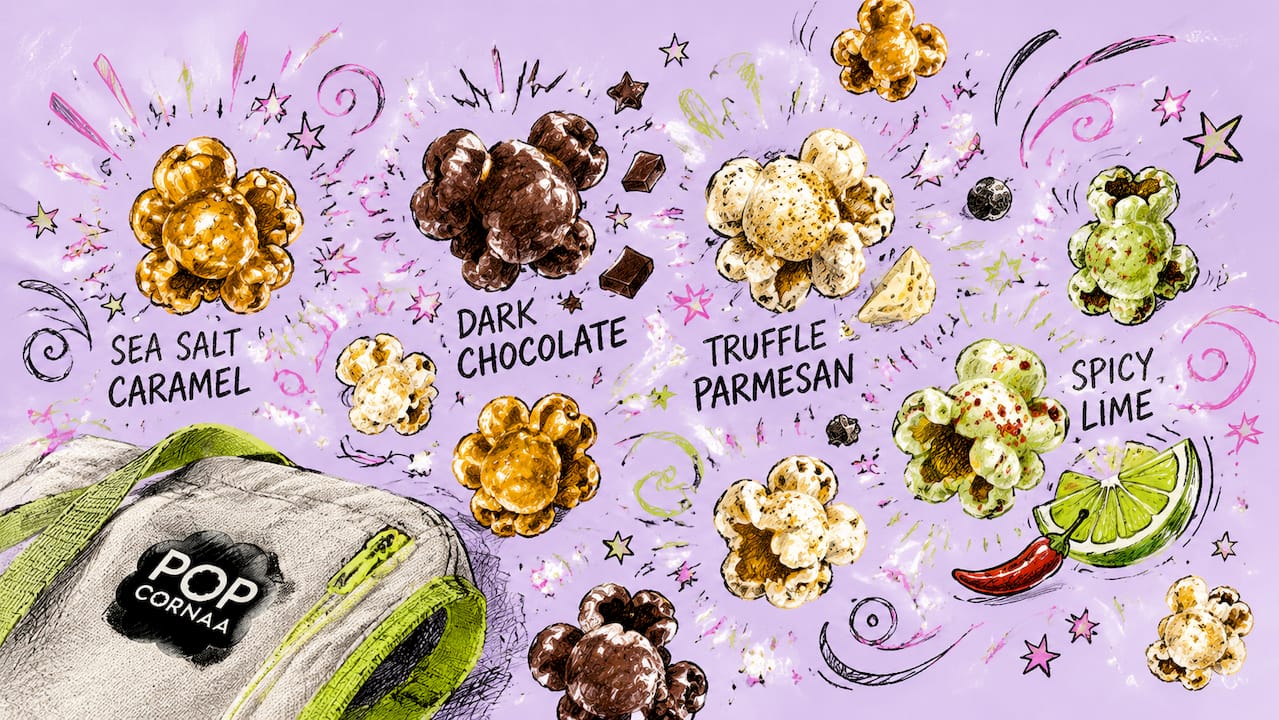 Fun graphic of assorted gourmet popcorn flavors