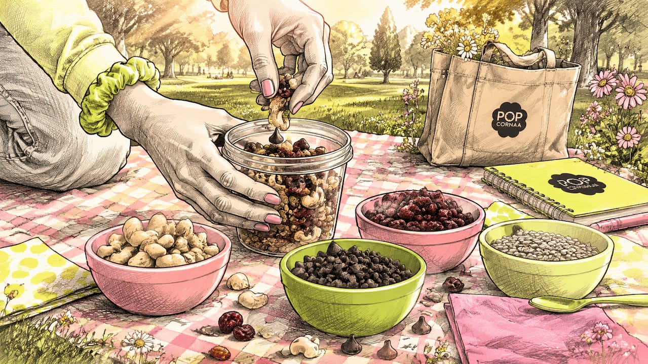 Hands preparing vegan trail mix snack
