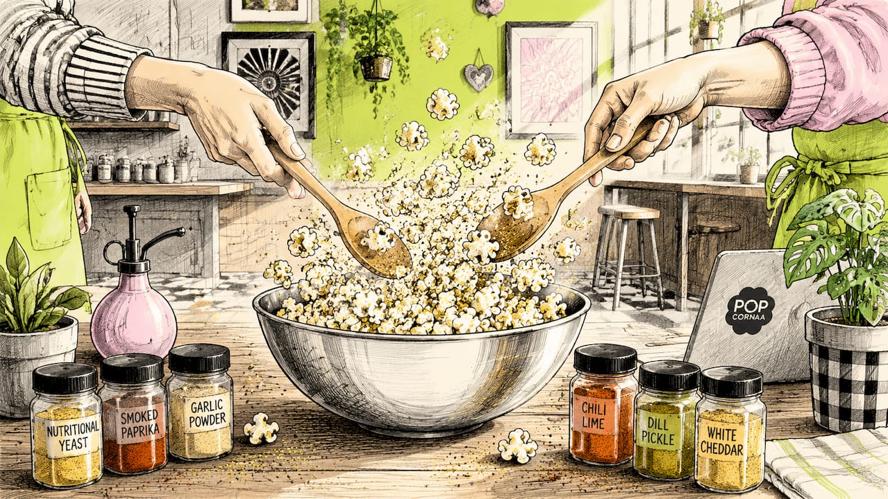 Hands tossing seasoned vegan popcorn in bowl