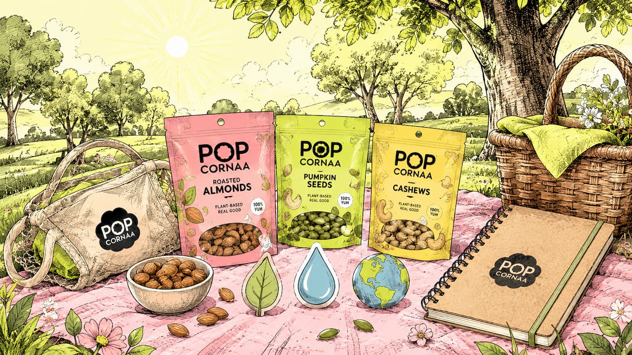 Playful illustration of vegan snacks and environmental icons