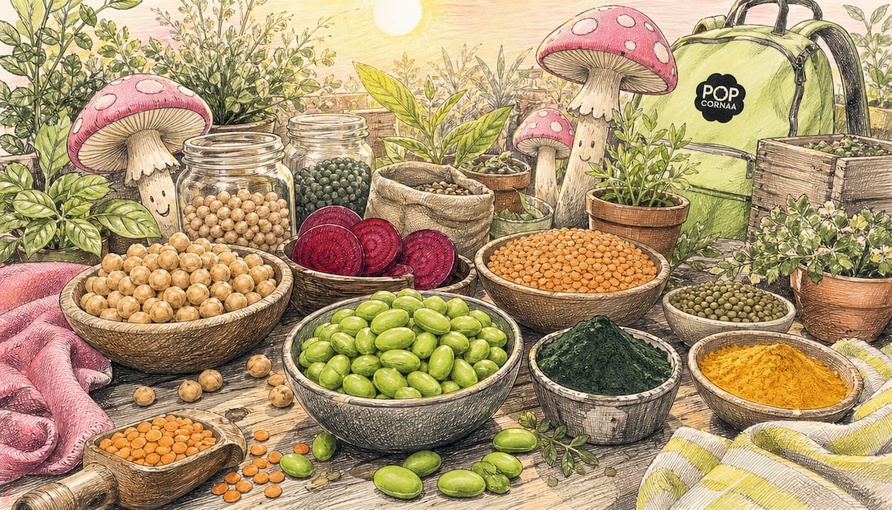 Playful illustrated vegan snack ingredients on countertop