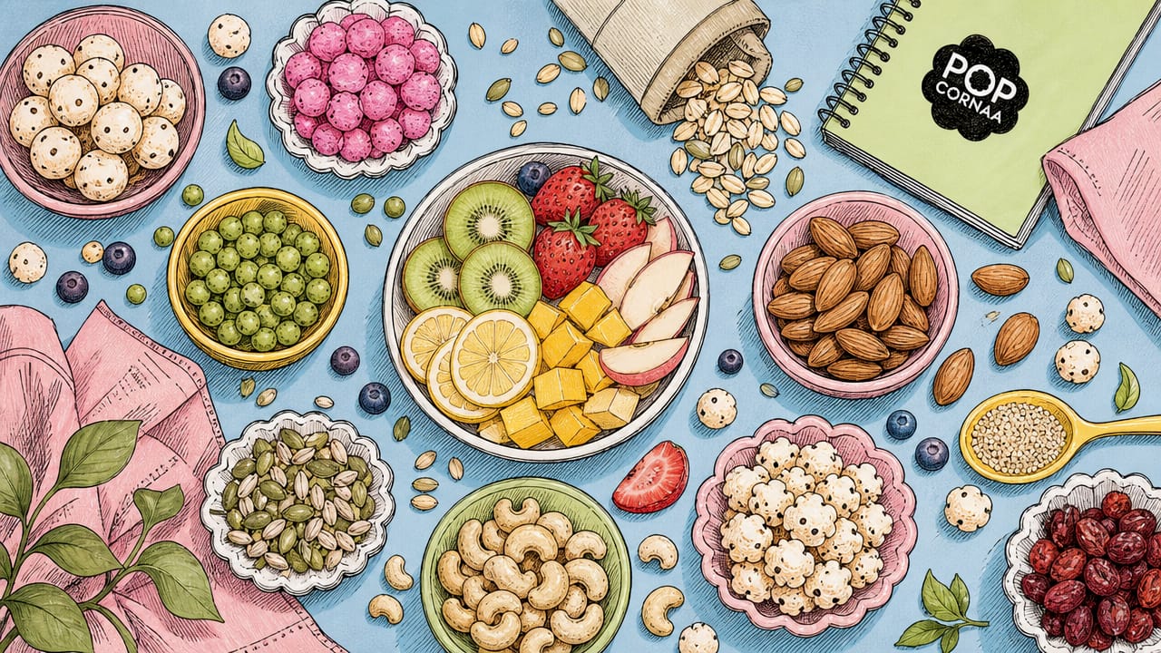 Playful graphic of gourmet snack ingredients