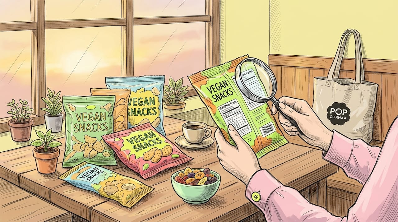 Hands inspecting vegan snack ingredient label