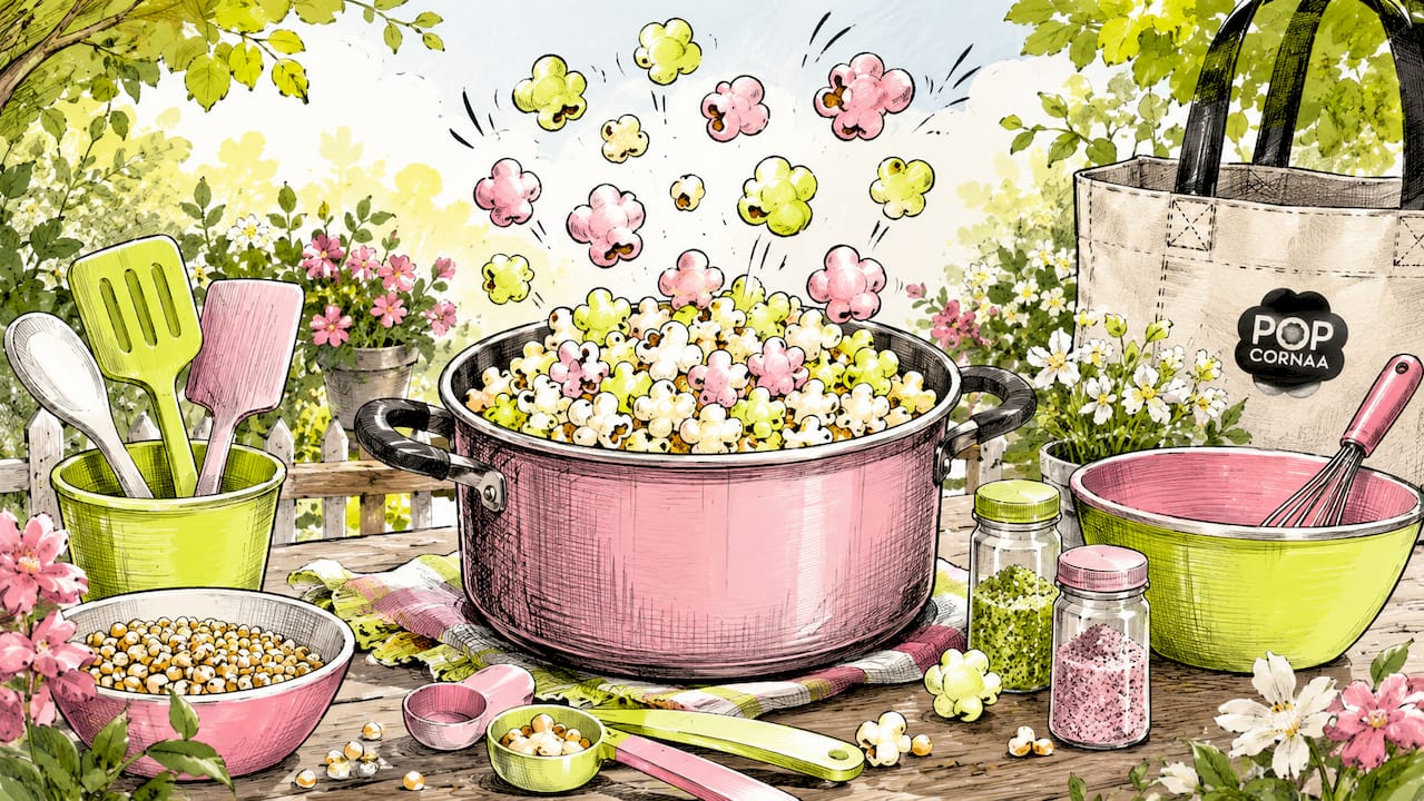 Fun graphic of popcorn popping in kitchen tools