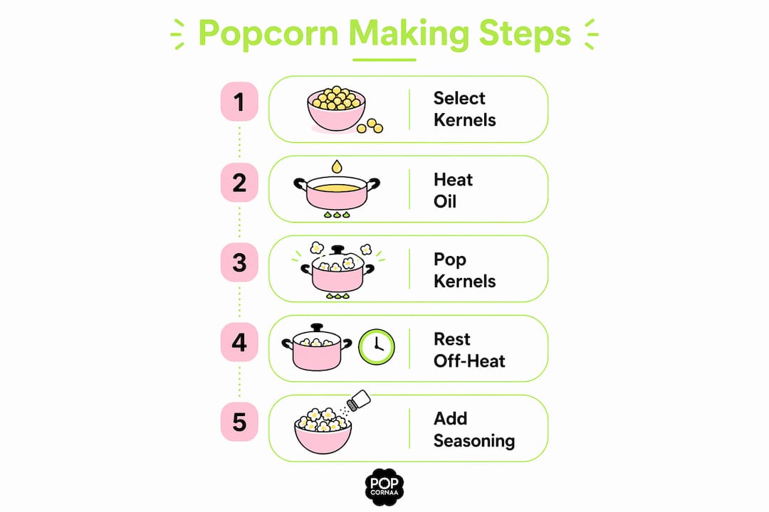 Infographic showing five steps to make gourmet popcorn