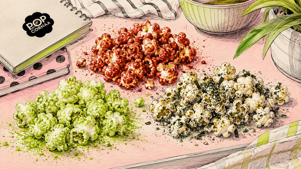 Playful illustrated piles of popcorn with Asian flavour powders