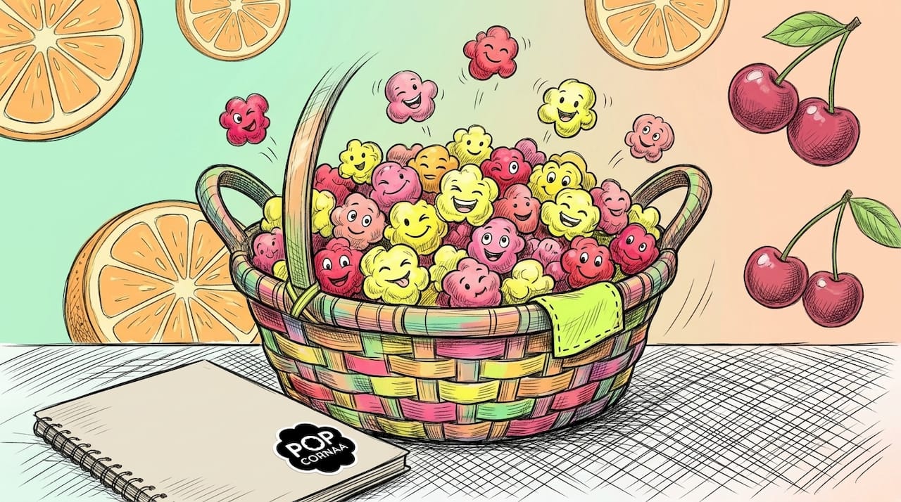 Playful graphic of colorful fruit popcorn bowl