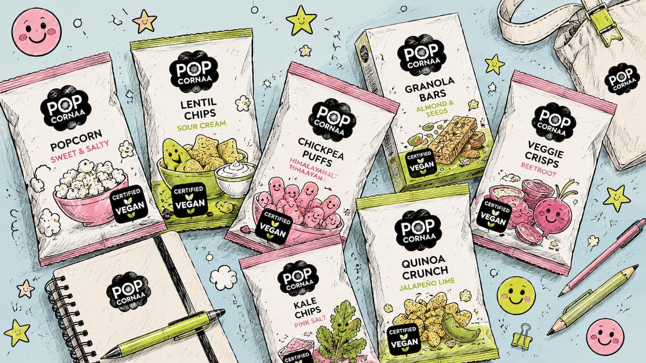 Colorful illustrated vegan snack packages with badges