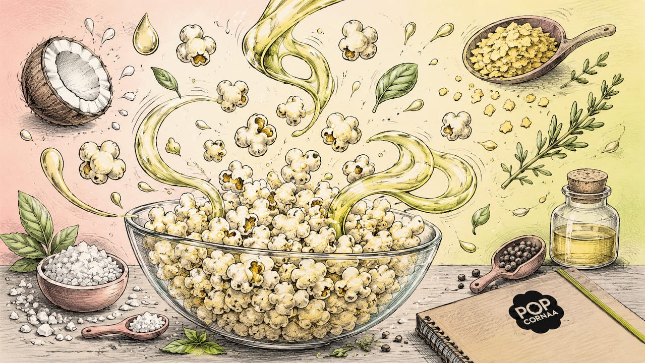 Playful graphic showing vegan popcorn ingredients