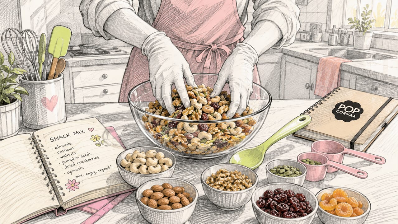 Hands mixing snack ingredients overhead view