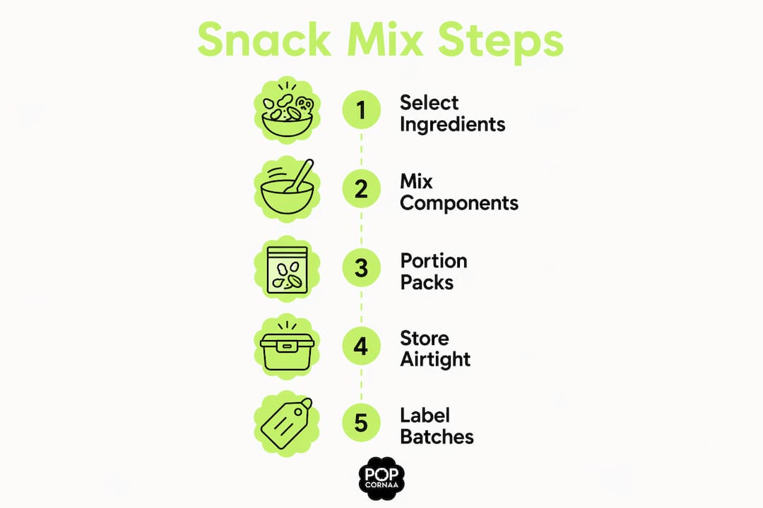 Infographic with numbered snack mix preparation steps