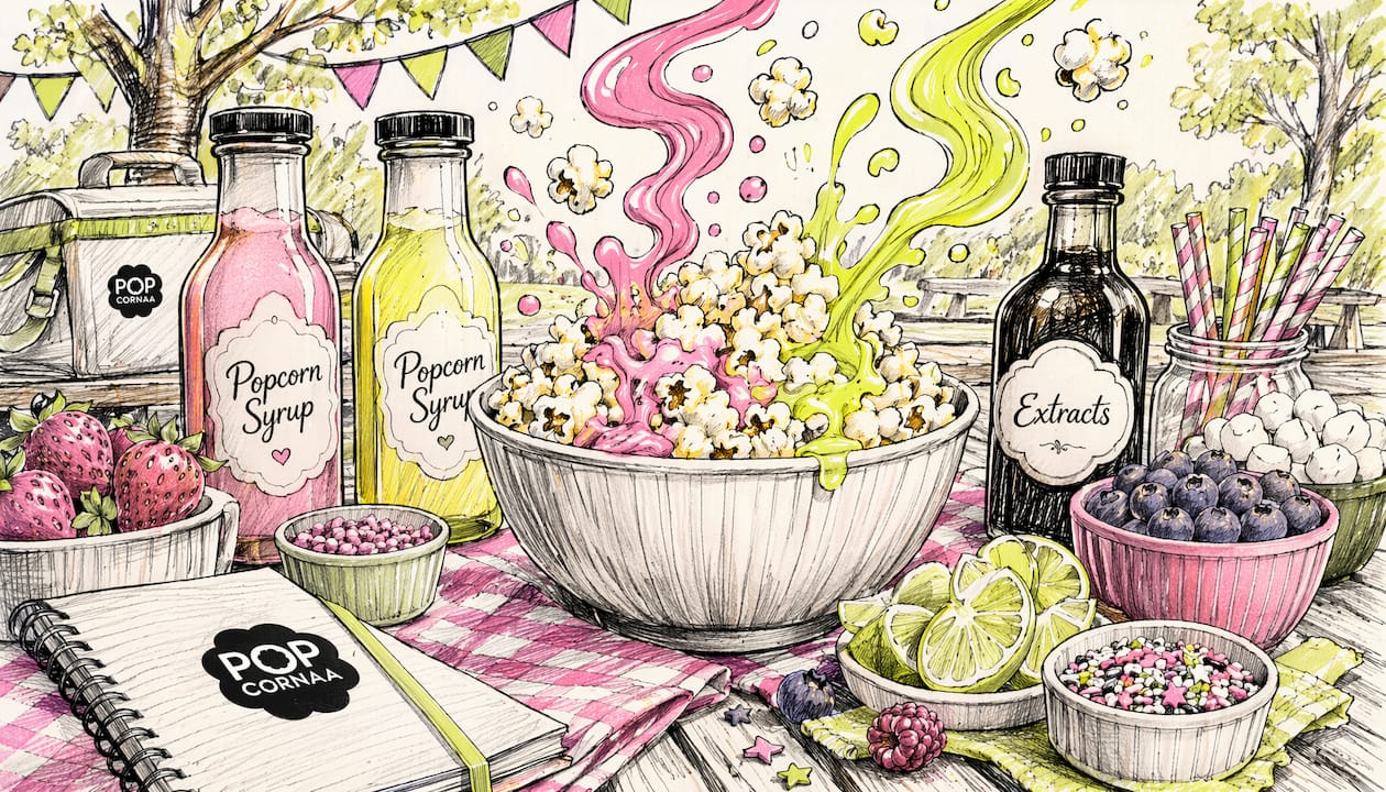 Playful graphic of popcorn syrups and flavour extracts