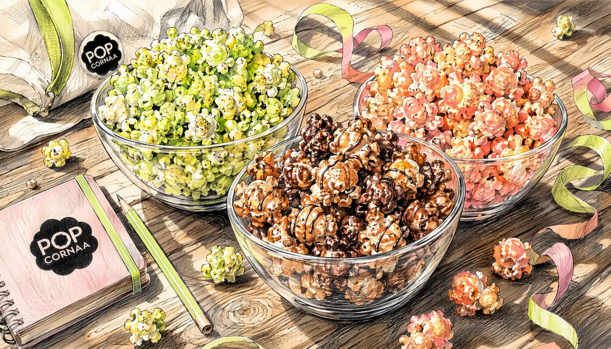 Playful graphic of colorful gourmet popcorn bowls