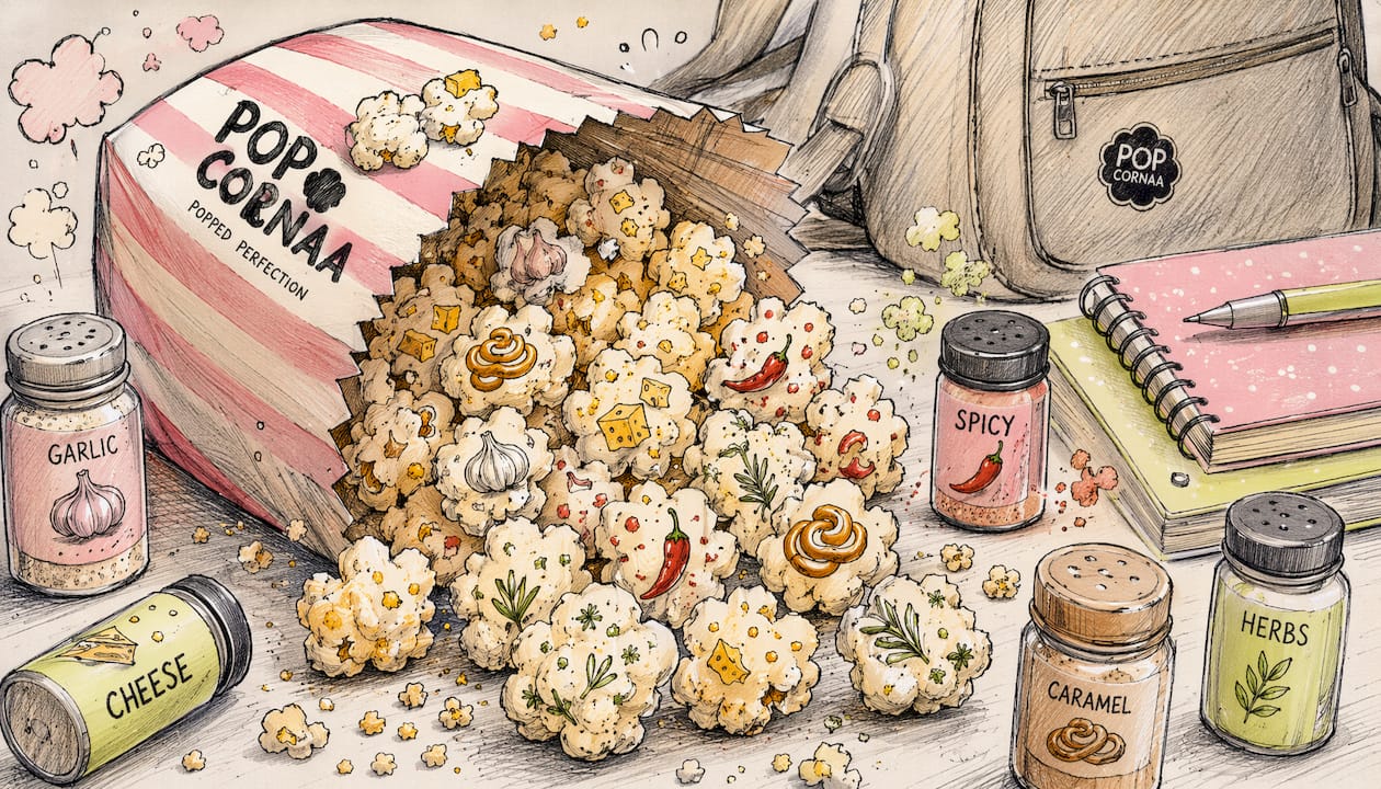 Playful illustrated popcorn bucket with seasoning icons