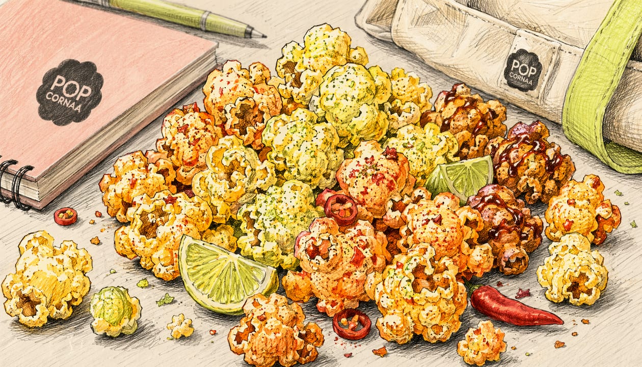 Whimsical graphic of unique popcorn flavors