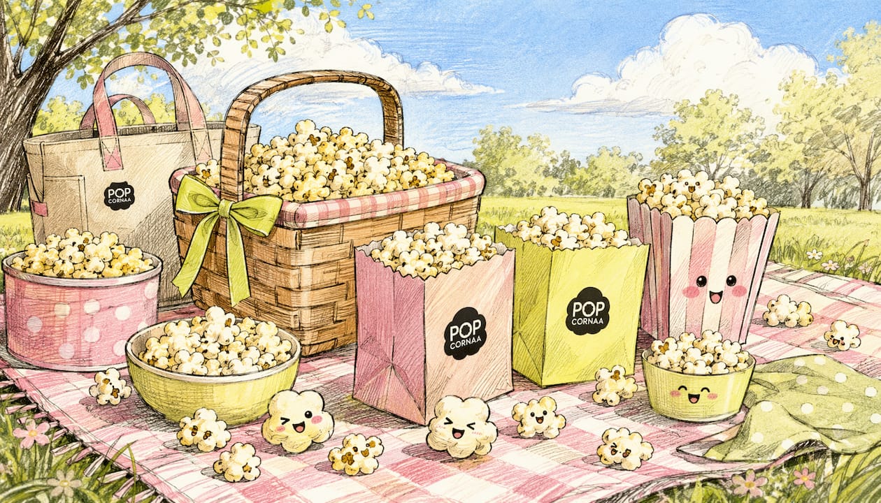 Playful cartoon popcorn containers and kernels