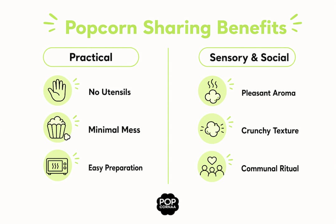 Infographic showing practical and sensory benefits of sharing popcorn