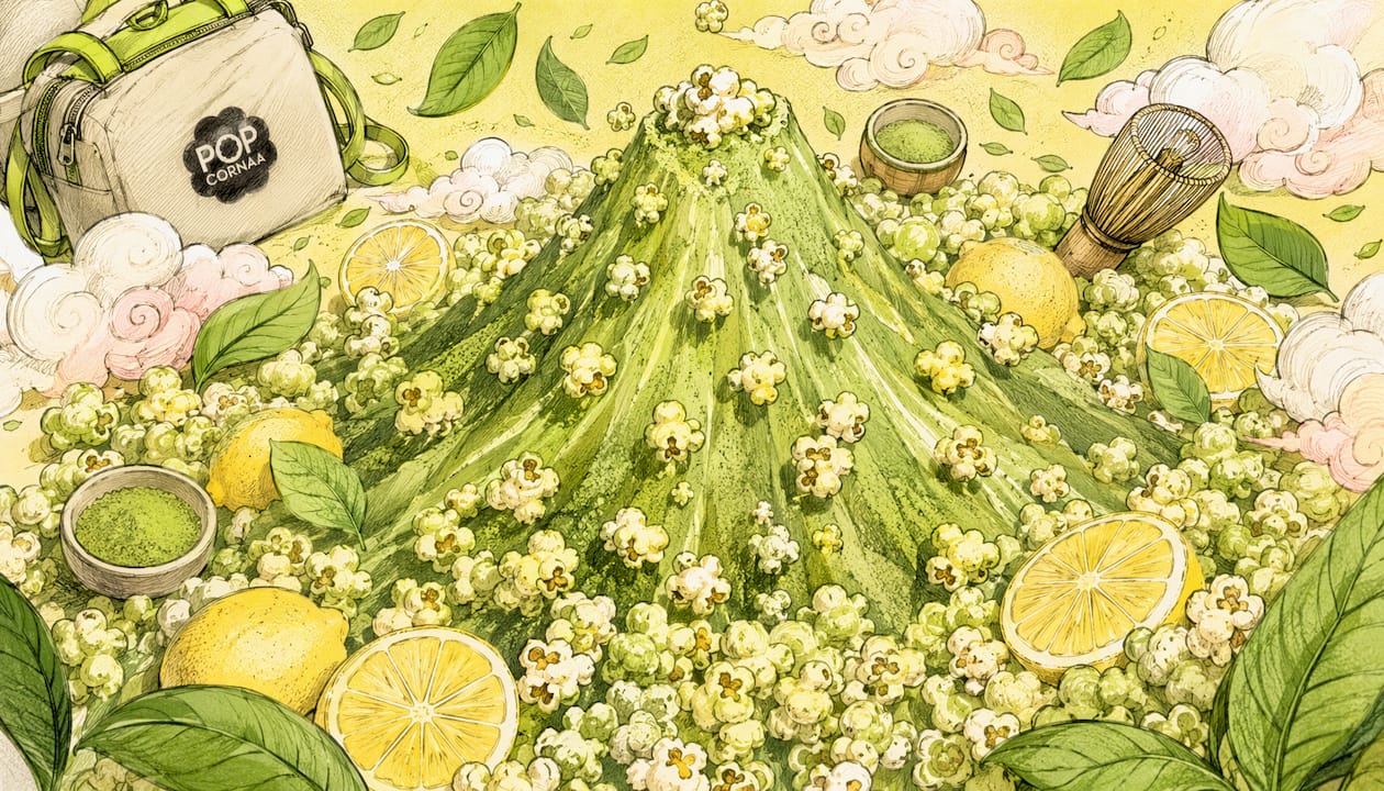 Playful illustration of matcha popcorn and ingredients