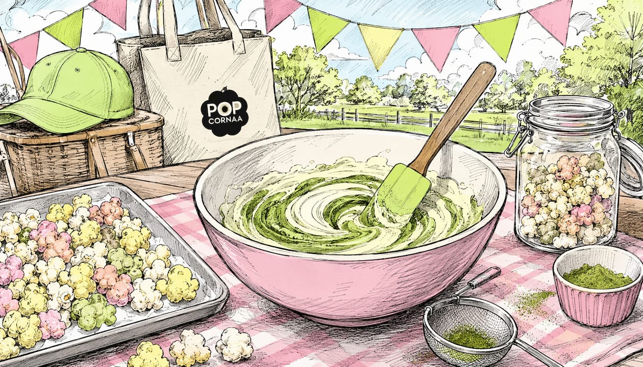 Illustration of mixing white chocolate and matcha for popcorn