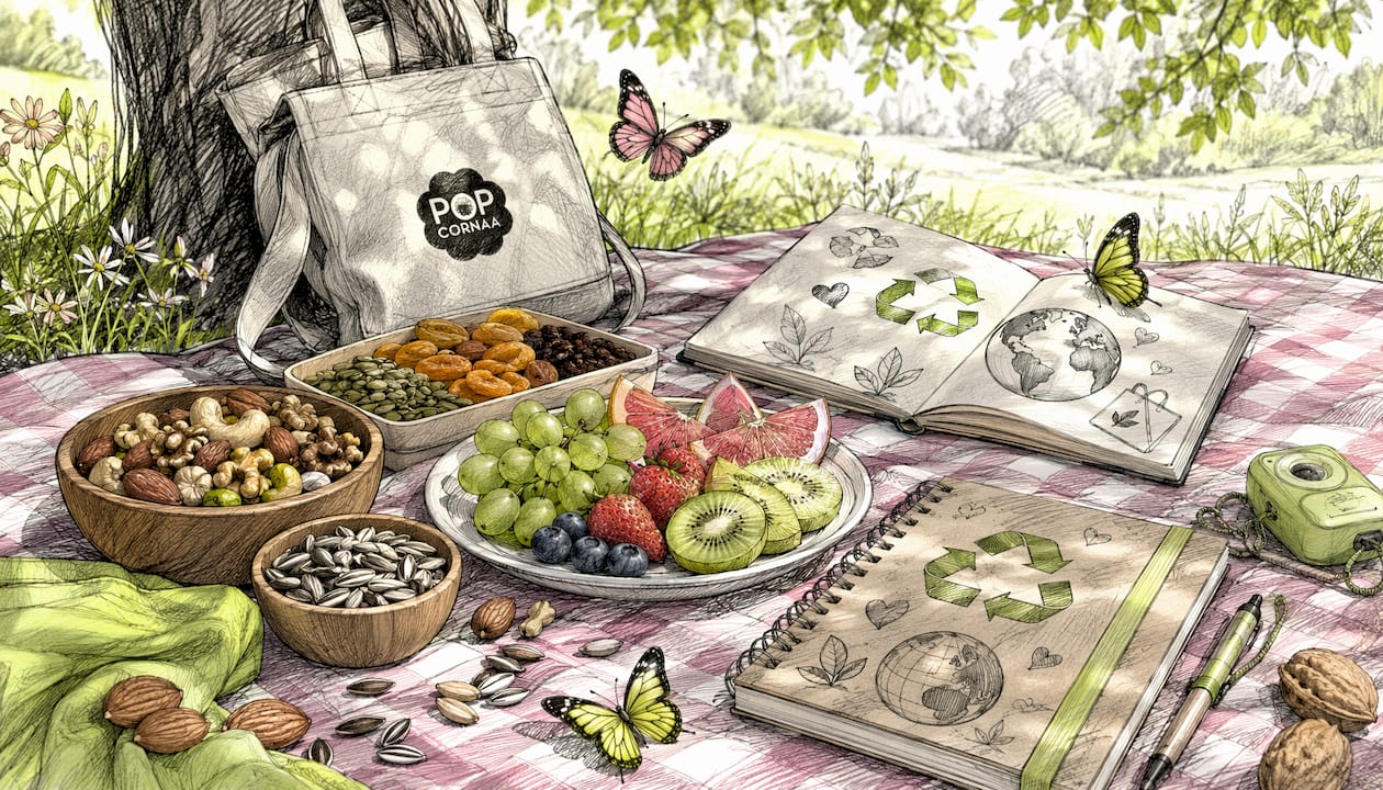 Playful vegan snack plate with sustainability icons