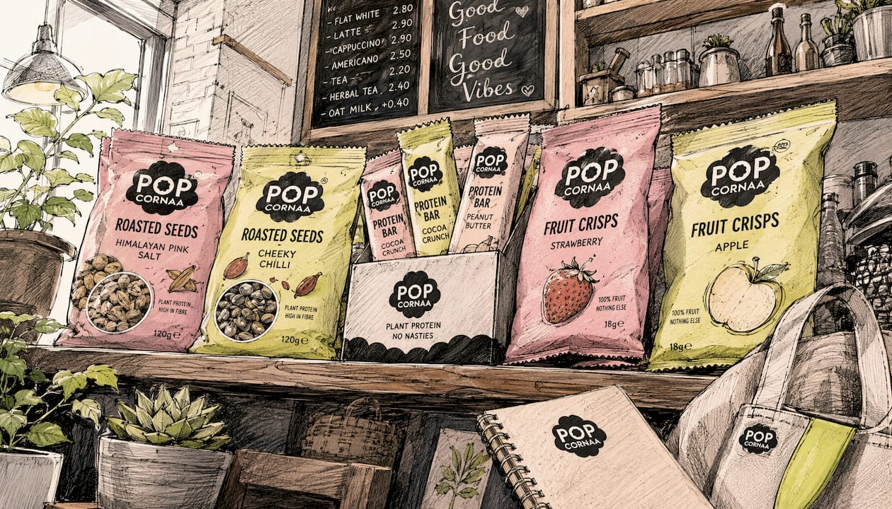 Playful vegan snack products on store shelf
