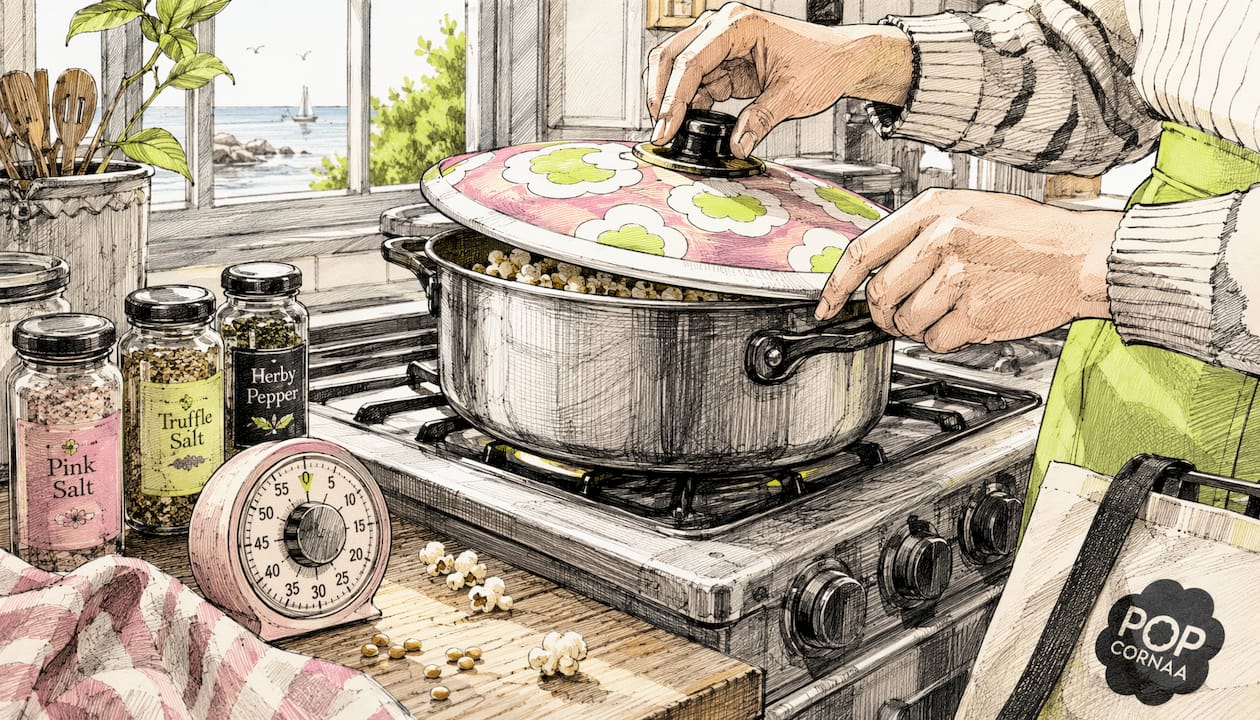 Close-up stovetop popping popcorn scene