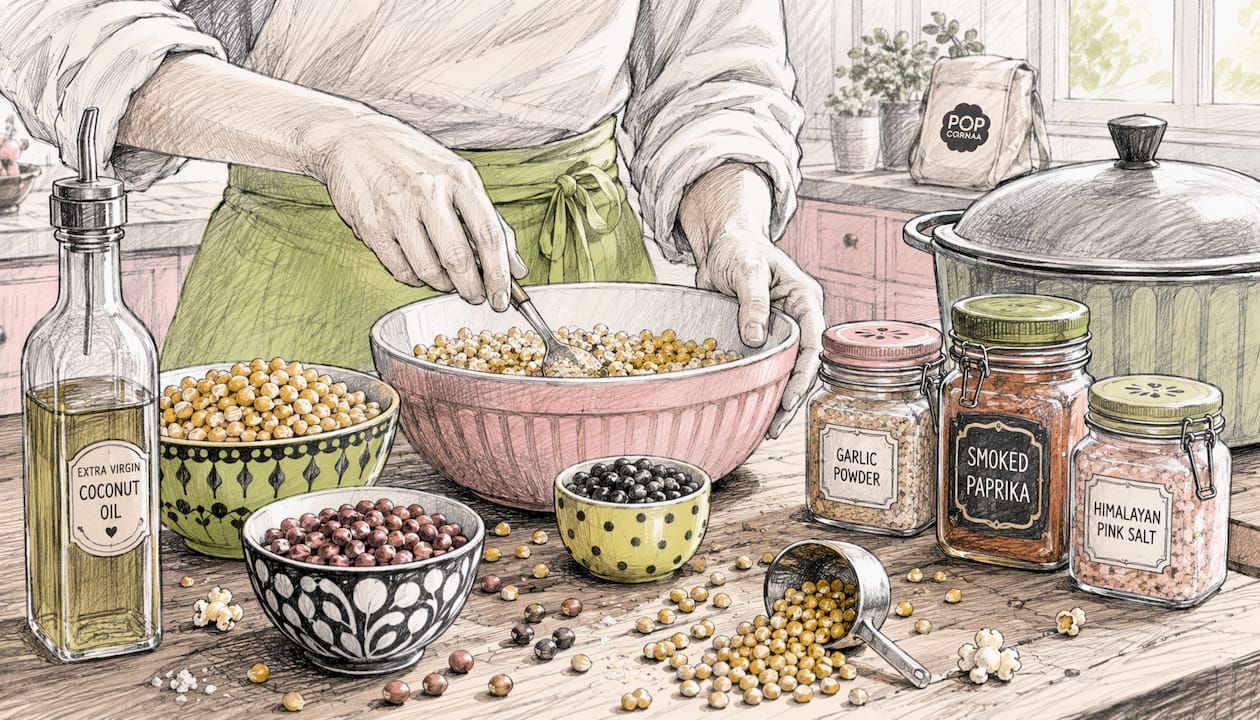Playful kitchen scene with popcorn ingredients