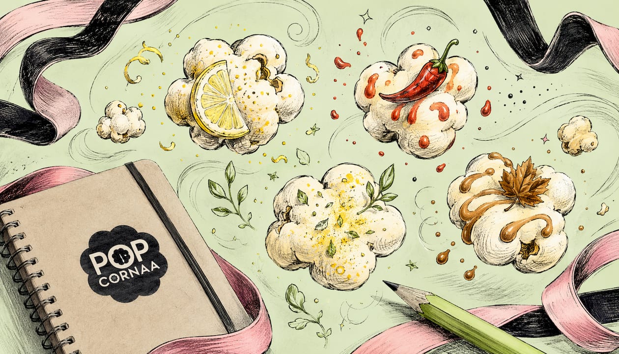 Colorful popcorn with vegan seasoning icons