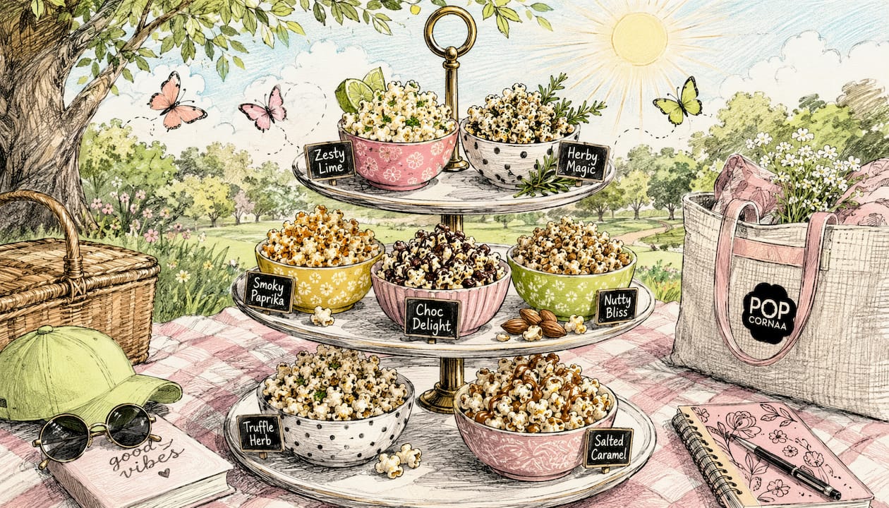 Illustrated bowl of vegan popcorn with fun seasonings