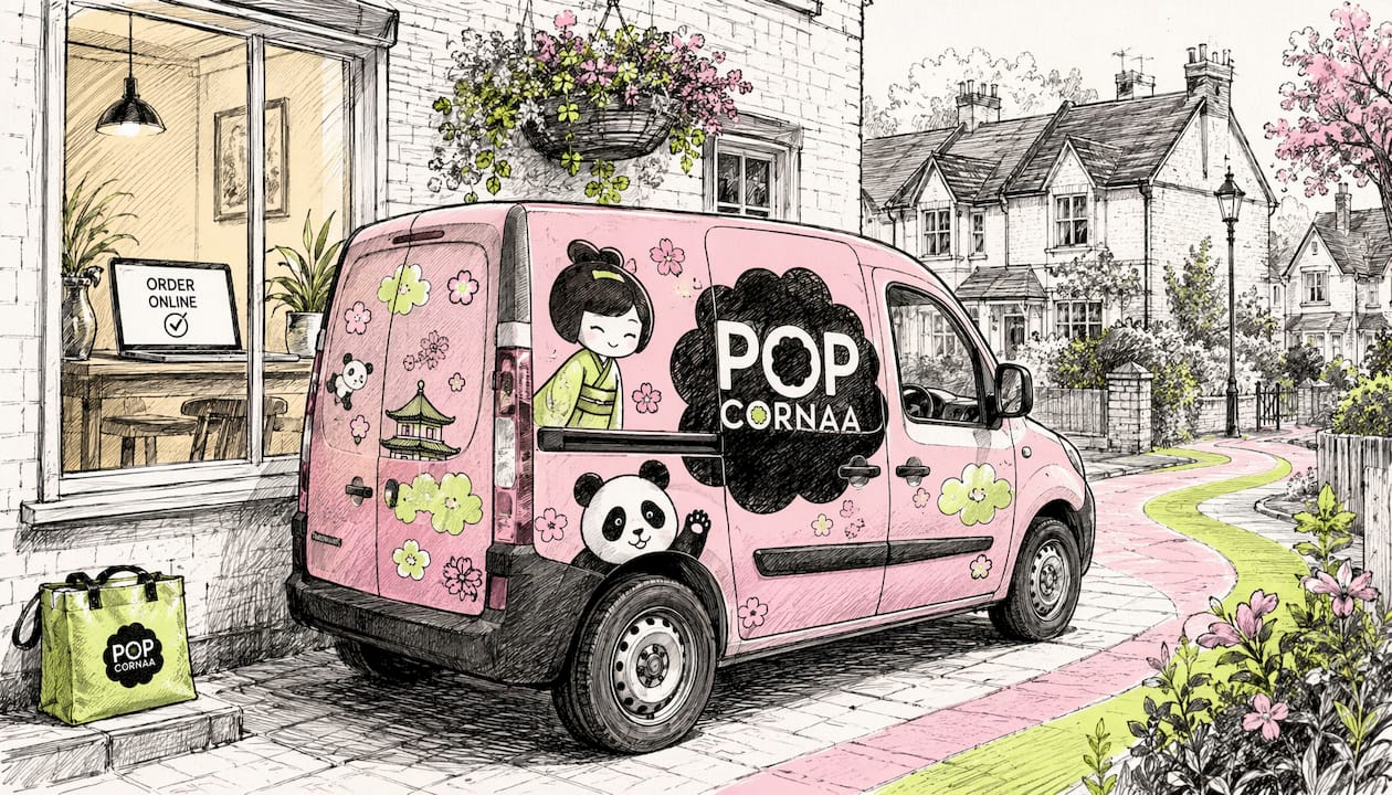Whimsical Asian popcorn delivery box and laptop