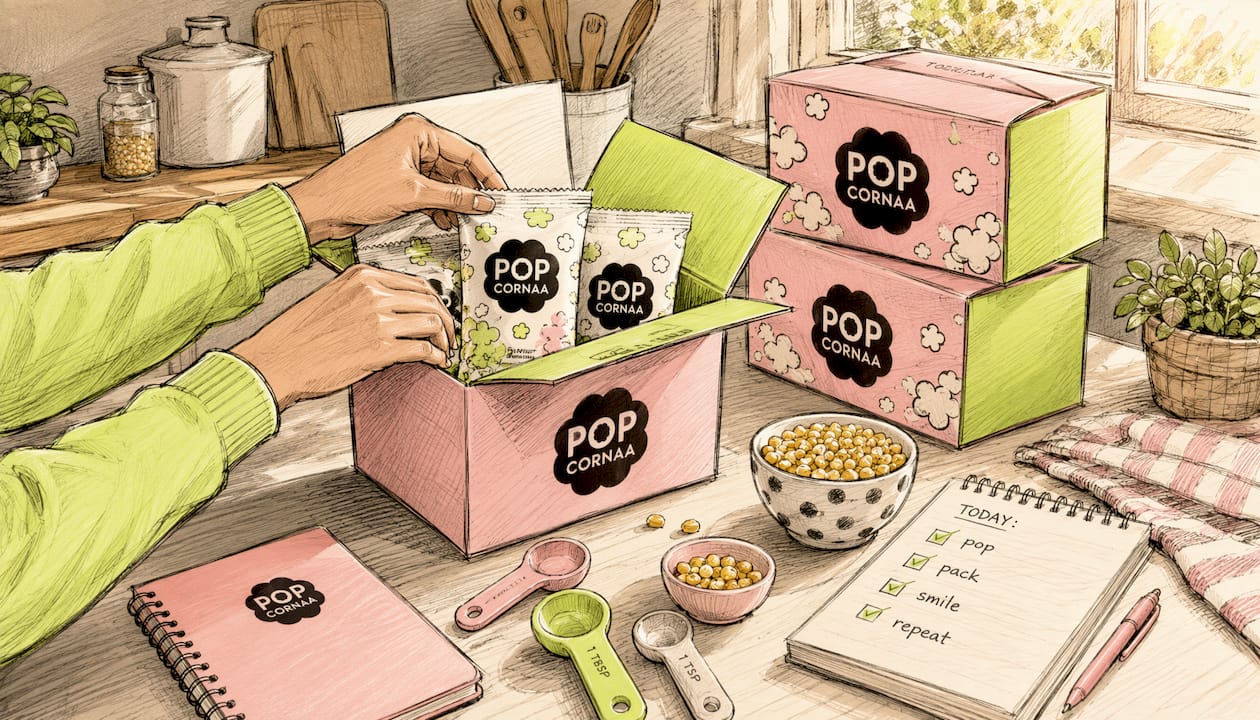 Hands packing vegan popcorn samples in home office