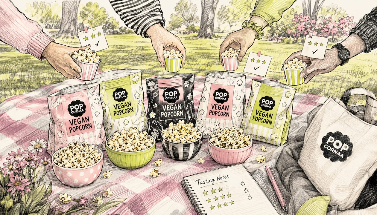 Fun judging scene with vegan popcorn samples and rating cards