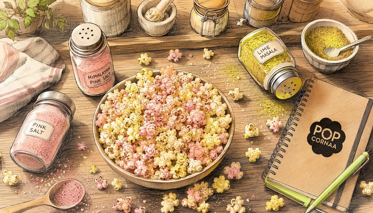 Colorful popcorn with seasoning shakers illustration