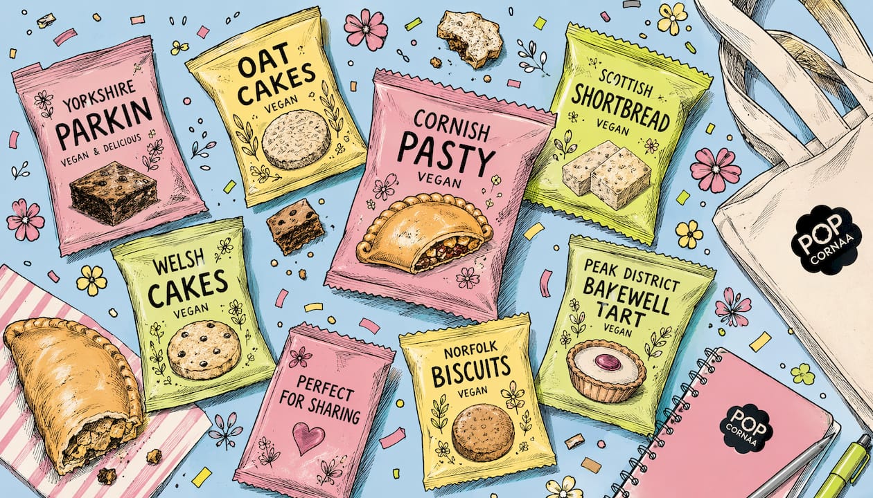 Playful graphic of UK regional vegan snacks