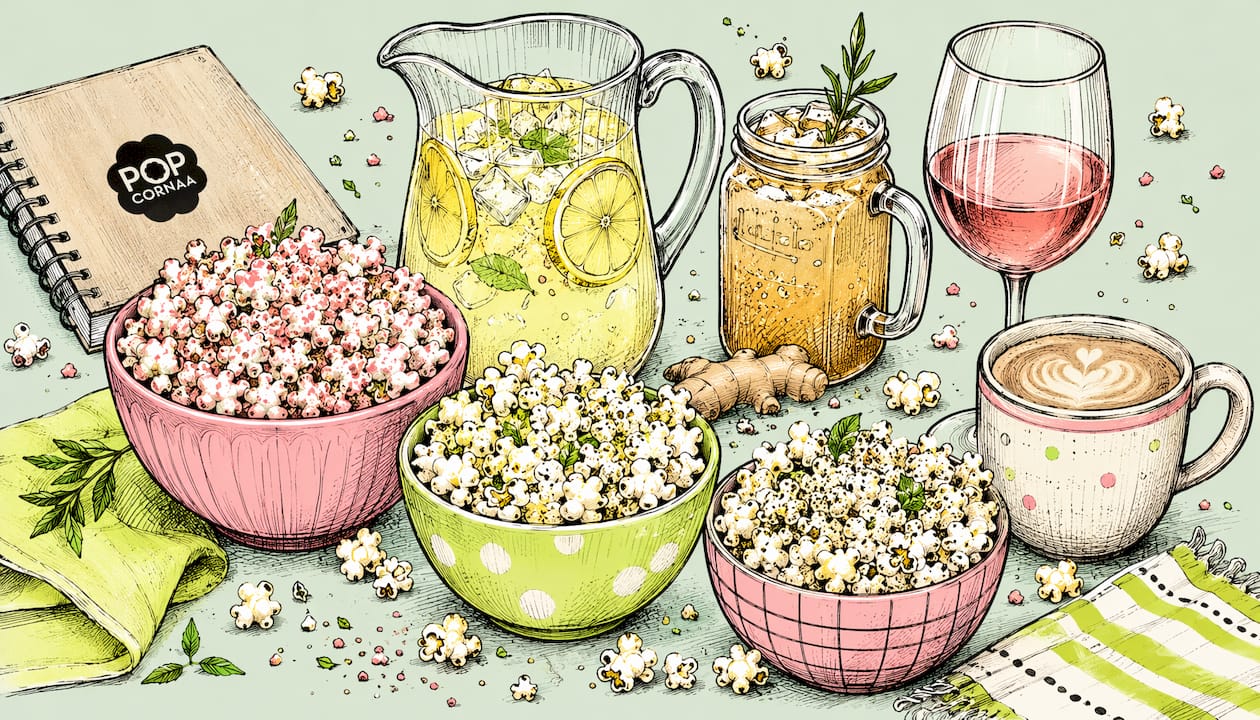Illustration of Asian popcorn paired with drinks