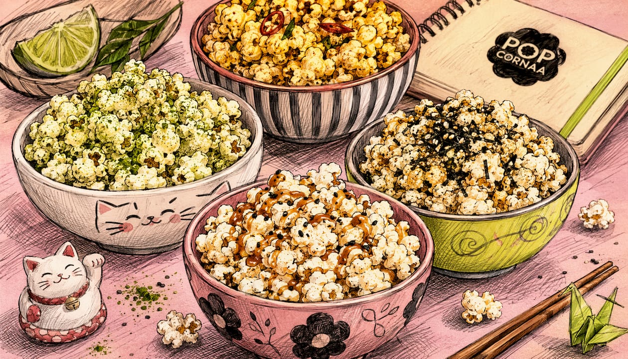 Colorful graphic of Asian popcorn flavour varieties