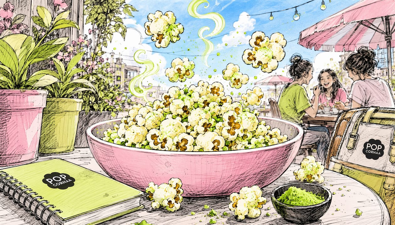 Playful illustration of wasabi-coated popcorn with heat swirls
