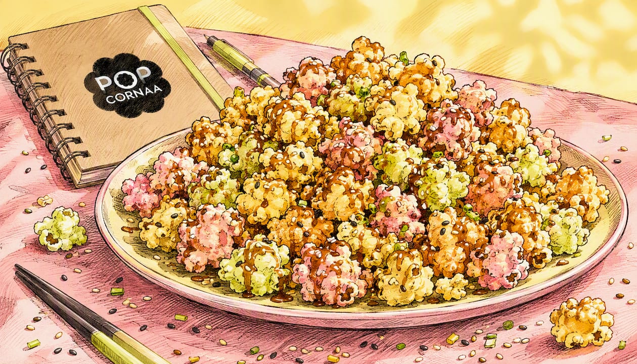 Playful graphic of Asian vegan popcorn in bowl