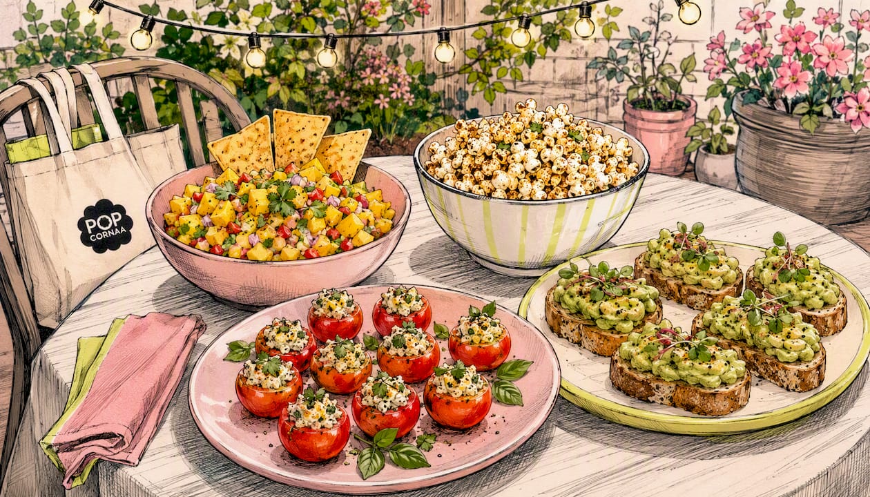Playful illustrated vegan appetizers spread overhead