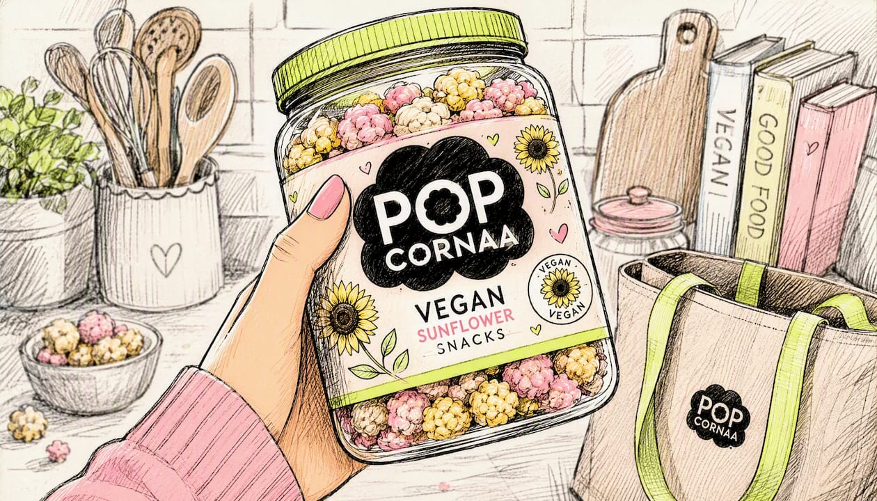 Fun illustrated hand holding vegan snack package