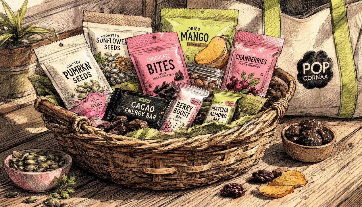 Playful vegan snack shopping basket illustration
