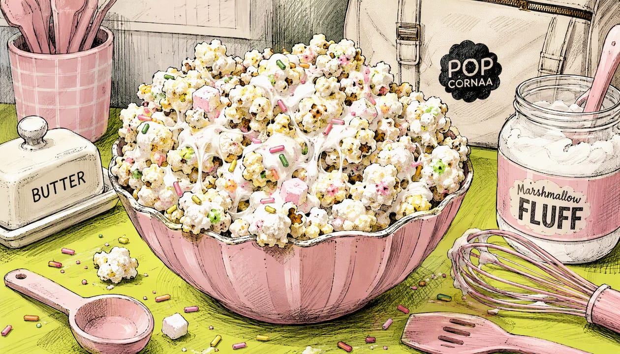 Playful illustration of coated birthday cake popcorn mix