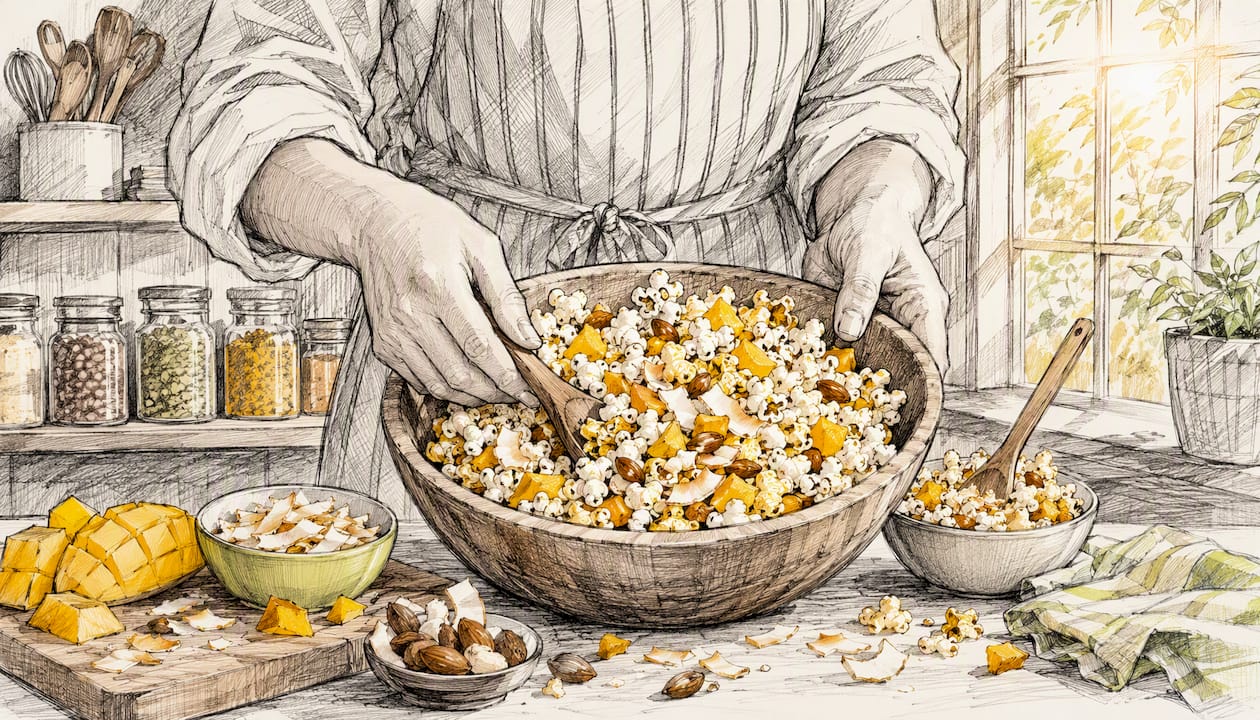 Hands mixing tropical fruit popcorn snack bowl